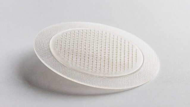 microneedle. A single microneedle patch resting on a clean, minimalist surface. STEM education sheets, lab safety posters, designed for STEM education and laboratory safety posters.