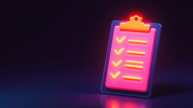 Glowing neon checklist icon on dark background with bright orange light effect representing task management productivity planning goals and successful project completion concept for business apps