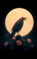 Obraz premium Dark raven with flowing ink like feathers dissolving into mist before a luminous full moon in deep blue night sky creating dramatic gothic fantasy atmosphere for halloween posters book covers and myst