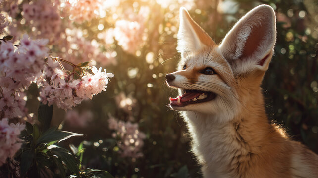 A fennec fox is shown in a sun drenched setting, looking towards the right with a happy expression, its mouth slightly agape. Ai generated