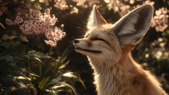 A fennec fox is shown in a sun drenched setting, looking towards the right with a happy expression, its mouth slightly agape. Ai generated