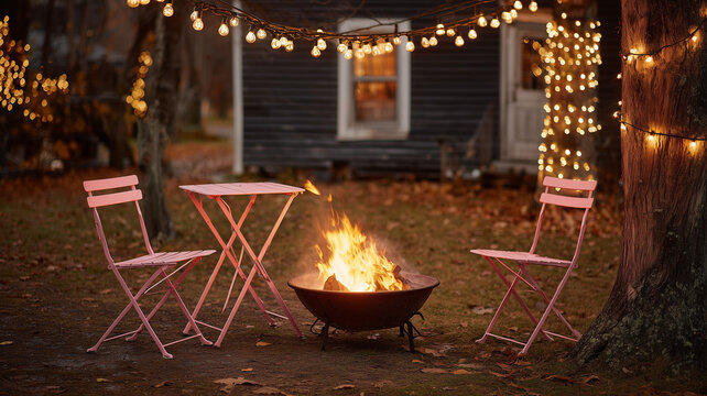 A outdoor setting at dusk with a fire pit in the foreground, emitting bright orange and yellow flames. there's a pink metal table with two coordinating pink metal folding chairs. Ai generated