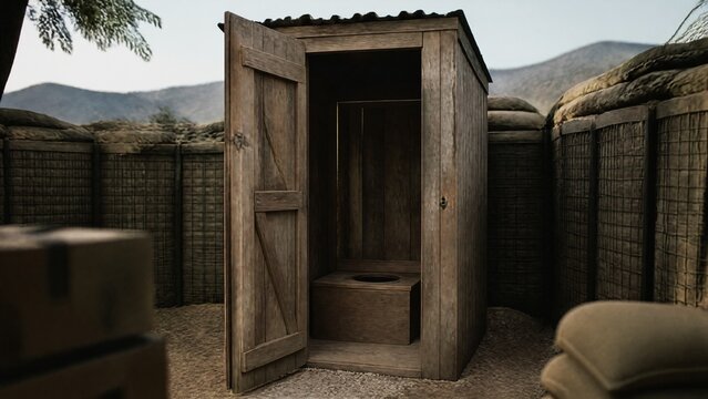 latrine. A simple wooden latrine structure in a military camp corner. gardening catalogs, home-decor guides, designed for home decor and floral branding, celebrates nature.