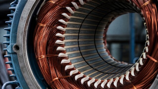stator. Electric motor stator with copper wire coils on laminated steel core, industrial detail. safety posters, maintenance manuals, designed for industrial assembly lines and welding operations.