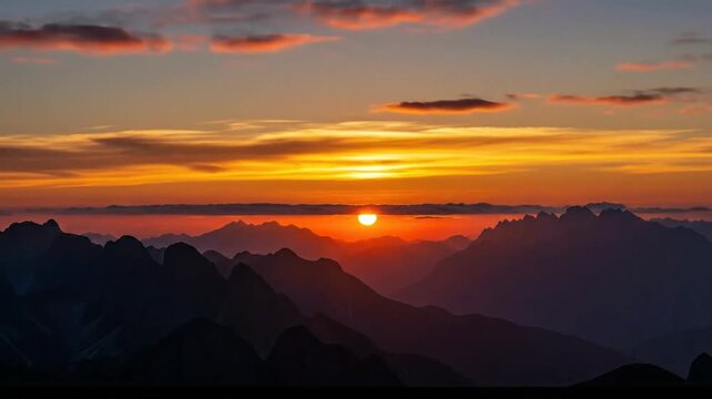 Breathtaking Sunset Over Mountain Range with Vibrant Orange and Red Sky.