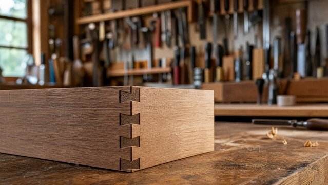 dovetail. Carpenter's workbench with detailed dovetail joint in focus, blurred tools in background. safety posters.