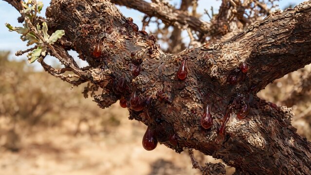 myrrh. Gnarled myrrh tree branch with deep red resin droplets, close-up. gardening catalogs, home-decor guides, designed for home decor and floral branding and gardening and botanical catalogs.