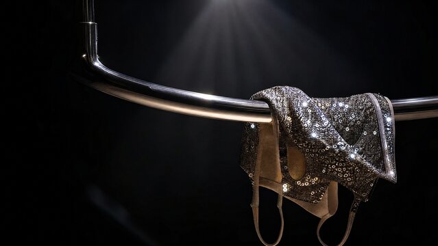 aerialist. Polished silver aerialist bar with sequined costume draped over it, spotlight. product launch decks, UI/UX mockups, designed for data visualization dashboards and holographic UIs.