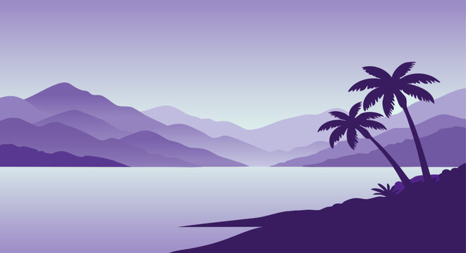 Tropical landscape silhouette with palm trees and mountains, purple tone