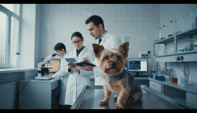 Dog in a veterinary clinic with staff examining samples and working on pet care in the afternoon