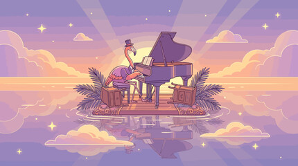Elegant Flamingo Playing Floating Piano on Ocean at Sunset Fantasy Illustration © YaVec25