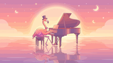 Sophisticated Flamingo Performing Piano Concert on Floating Sea Platform Vector Art © YaVec25