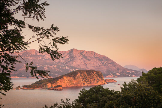 Sunset on the Adriatic Sea. St Nicholas Island in Budva, Montenegro