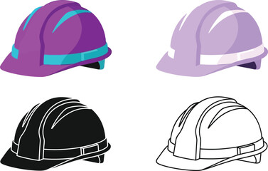Fototapeta premium Set of construction hard hats in various colors and styles including solid outline and silhouette for safety and protection concepts
