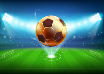 Naklejka premium Golden soccer ball over the stadium. Vector illustration.
