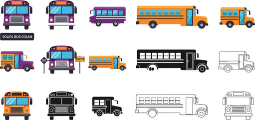 Collection of school bus icons and illustrations diverse vehicle designs for transportation and education concepts isolated on white © Zohaib