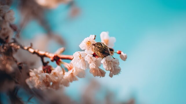 Close-up of tiny bird on blossoming twig with white flowers, abstract blue and pale yellow spring sky, daylight and gentle nature mood.