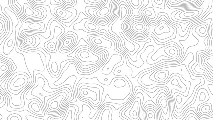 Fototapeta premium Topographic map contour lines pattern with thin black wavy lines on a white background representing elevation changes and geographical terrain mapping data in a repeating abstract style