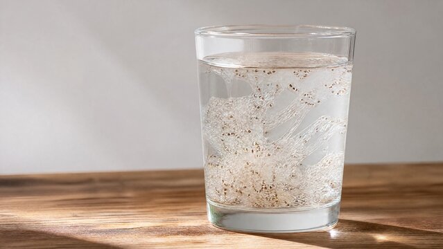 psyllium. A glass of water with psyllium husk fibers creating organic swirls, lit from the side on a wooden table. bar promotions, beverage menus, designed for product packaging and bar promotions.