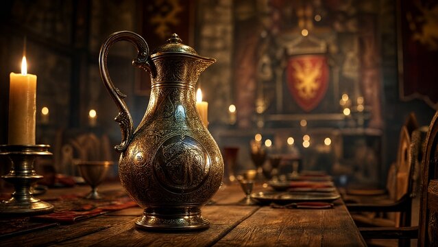 flagon. An ornate engraved flagon sits on a long wooden table in a medieval hall. event programs, museum guides, designed for cultural heritage projects and event programs.