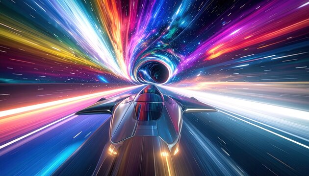 Futuristic Vehicle Speeding Through a Colorful Space-Time Tunnel.