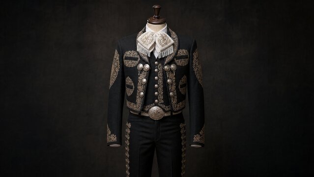 charro. An ornate charro suit displayed on a mannequin, detailed embroidery and silver. event programs, museum guides, designed for cultural heritage projects and event programs.