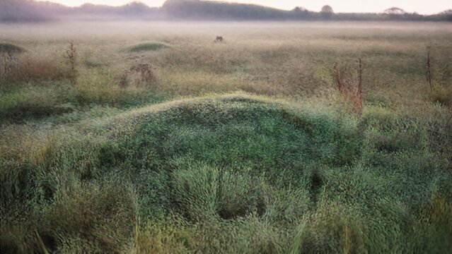 mediocrity. A subtle grassy mound with morning dew, a slight elevation in the natural terrain. travel magazines, destination branding, designed for outdoor magazines and nature guides.