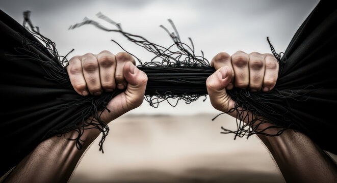 Hands tearing black fabric symbolizing struggle conflict and breaking barriers.