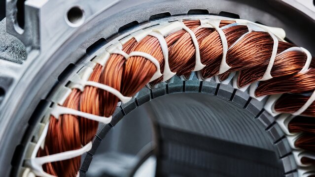 stator. Electric motor stator with copper wire coils on laminated steel core, industrial detail. safety posters, maintenance manuals, designed for industrial assembly lines and welding operations.