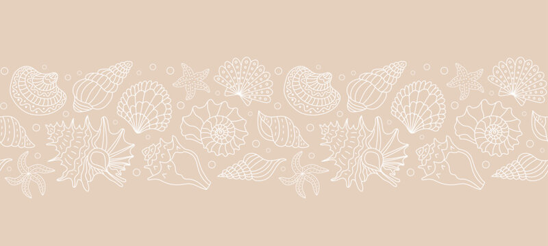 Seamless horizontal border with sea shells and starfish. Vector nautical frame in white line art style for summer beach-themed website banners, ribbons, and stationery design.
