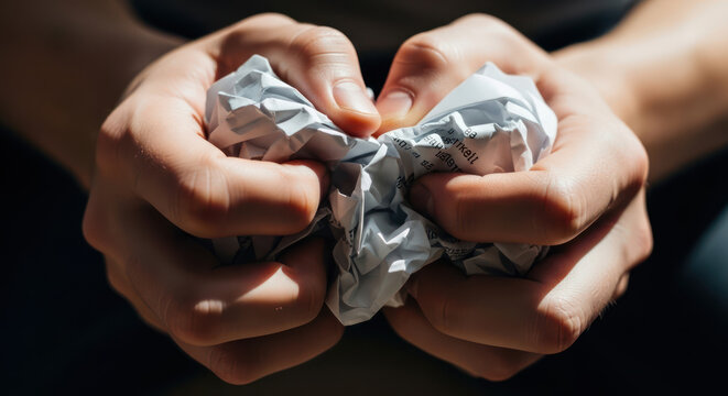 Hands tightly gripping and crushing a crumpled piece of paper frustration concept.