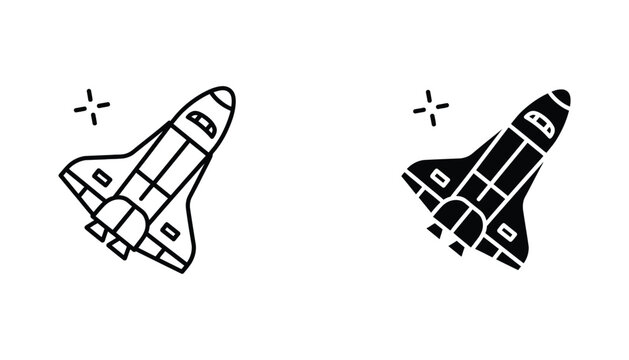 Space shuttle launch vehicle icon set in outline and solid black styles for aerospace and science themes