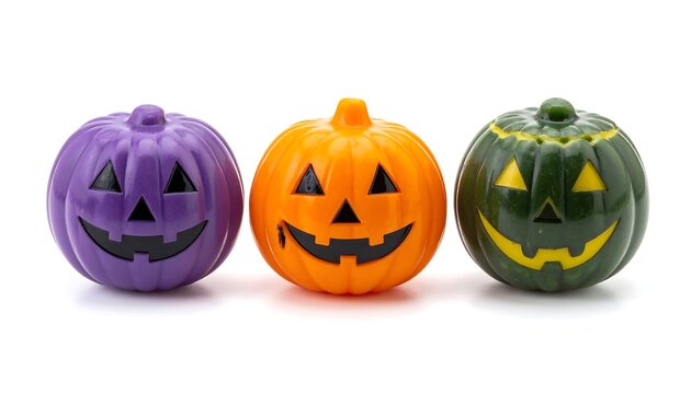 Three colorful, plastic carved pumpkin ornaments, with smiling faces, set on a white background, representing Halloween