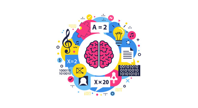 Human Brain with Creative and Analytical Icons: Multidisciplinary Learning and Cognitive Intelligence Concept Vector Illustration