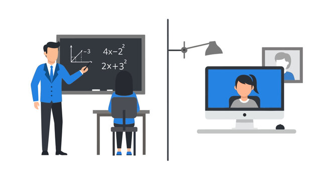 Hybrid Education Concept: Traditional Classroom vs. Online Learning Flat Vector Illustration