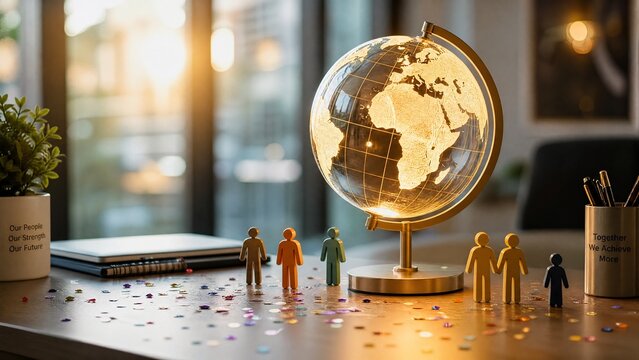 population. Gold globe lamp with confetti on modern office desk. pitch deck slides, case study pages, designed for corporate presentation decks and stakeholder reports, used by marketing managers.