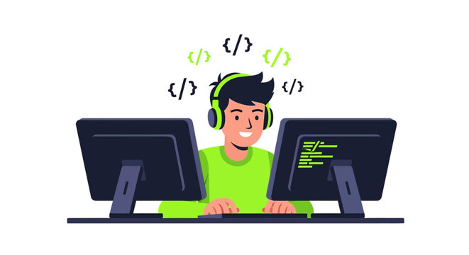 Software Developer Programmer Working on Dual Monitors with Headphones Flat Vector Illustration