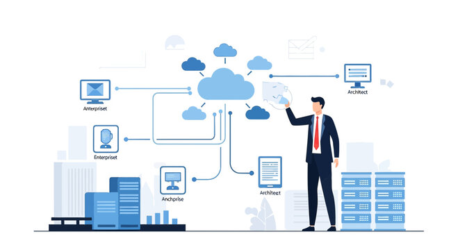Cloud Computing Business Network Diagram, Data Transfer, Technology Flow