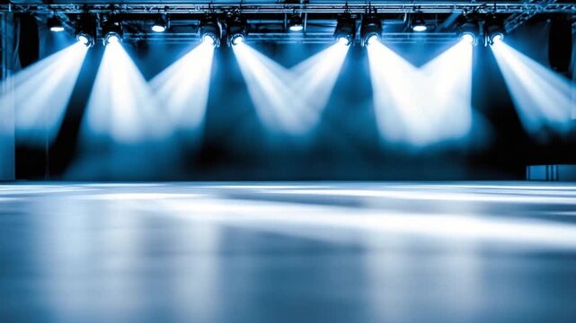 Empty Stage with Blue Spotlights: An empty stage illuminated by dramatic blue spotlights, creating an atmosphere of anticipation and readiness for a performance or event.