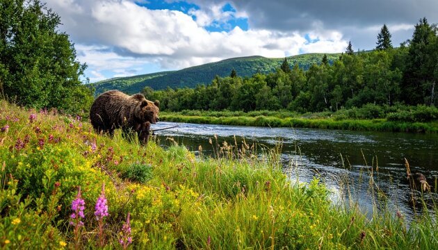 Grizzly Bear Foraging by River in Lush Alaskan Landscape.