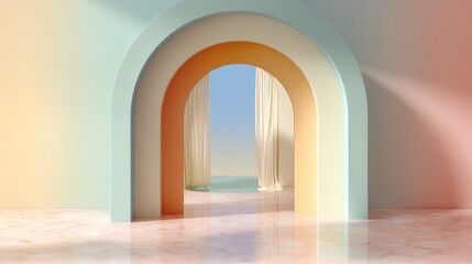 Fototapeta premium Minimalist Archway with Ocean View and Curtains