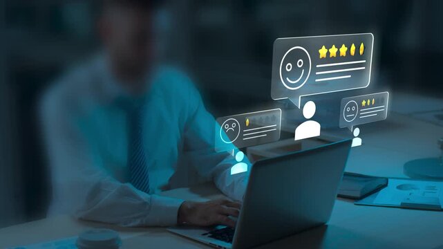 Businessman Managing Online Customer Reviews and Feedback Ratings on Laptop at Night, Digital Reputation Management, Customer Satisfaction Survey, Five Star Review Concept, CRM Technology and User Exp