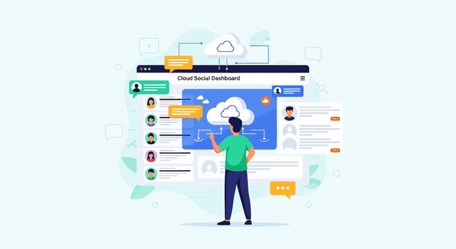 Cloud computing dashboard interface with user profiles and data analytics