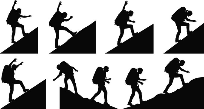 Silhouette collection of backpacker climbing a steep mountain hill, active hiker ascending slope vector graphic.