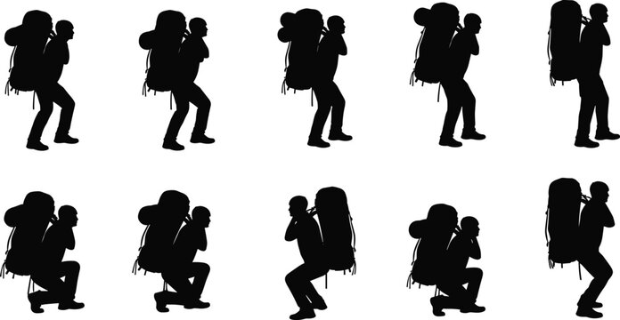 Silhouette set of an exhausted male backpacker carrying a heavy backpack, struggling hiker poses, isolated vector graphic.