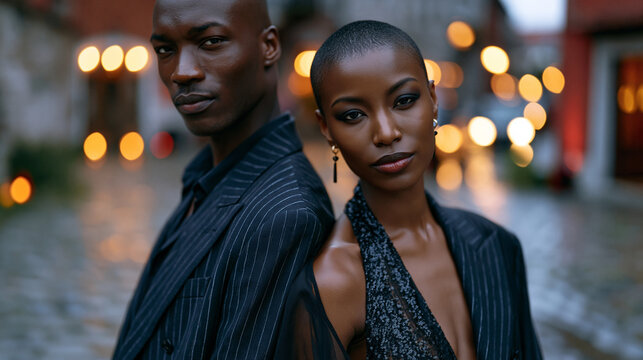 Two models in matching deconstructed suits, one in a sheer version and one in opaque fabric, standing back to back on rain slicked cobblestones, perfect for gender fluid fashion, editorial contrast,