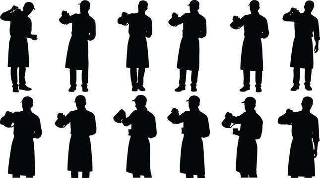 Professional barista silhouette set, male cafe worker wearing apron pouring hot coffee, isolated vector graphic collection.