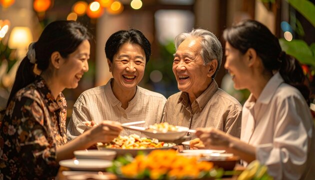 Four Generations Sharing a Meal Together with Joyful Smiles.