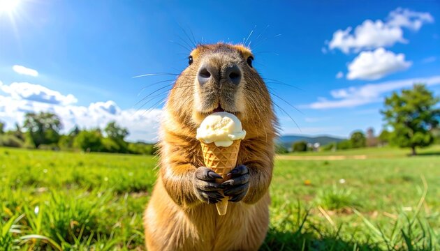 Groundhog enjoying ice cream cone on a sunny day in a field.