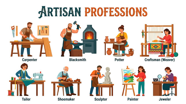 Artisan Workers Showing Carpenter Blacksmith Potter Weaver Tailor Shoemaker Sculptor Painter and Jeweler Professions